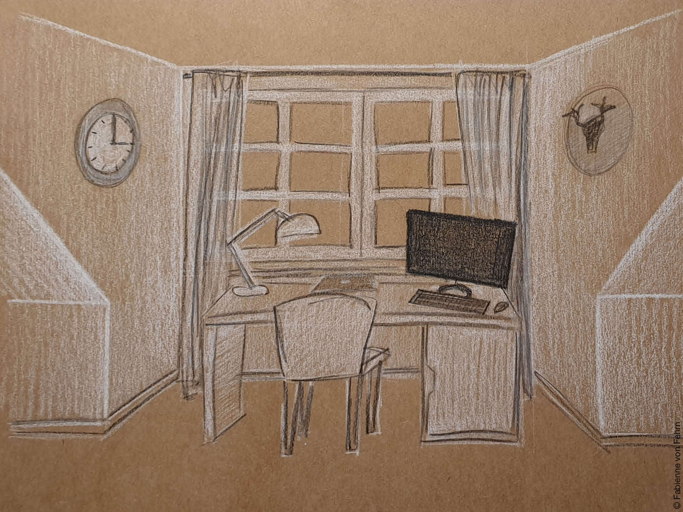 Zeichnung in weiß auf Karton von einem Schreibtisch