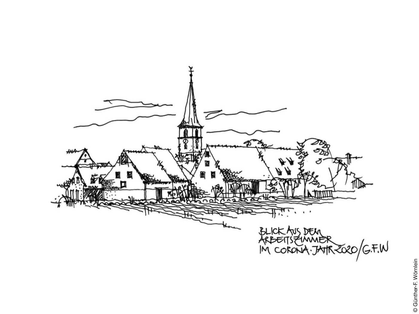 Zeichnung Dorf mit Kirche