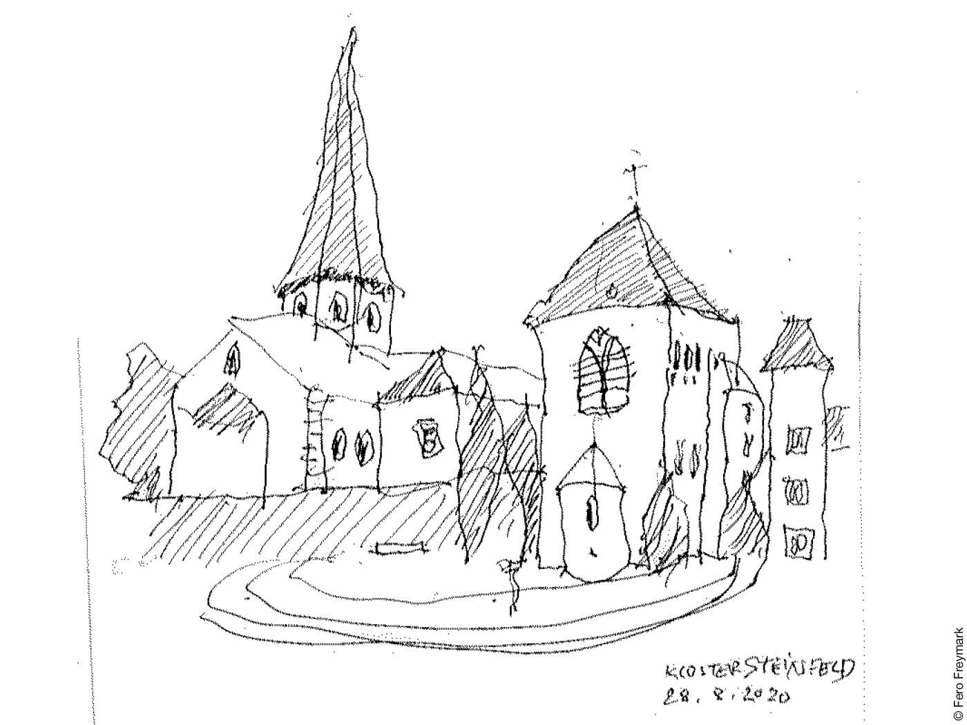 Zeichnung Kloster mit Kirche