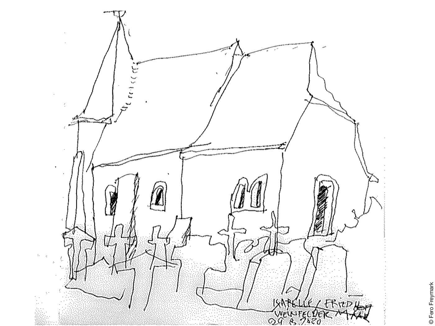 Zeichnung Kapelle und Friedhof