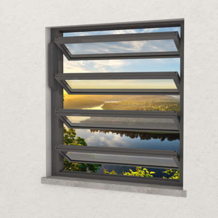 Fenster mit geöffneten Lamellen, welche den Blick nach draußen freigeben und einen See und ein Waldgebiet erkennen lassen