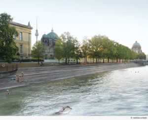 Zum Kraulen schön: Rendering der ­Flussbad-Initiative mit Schinkels Altem Museum, dem Dom und der künftigen Schlosskuppel