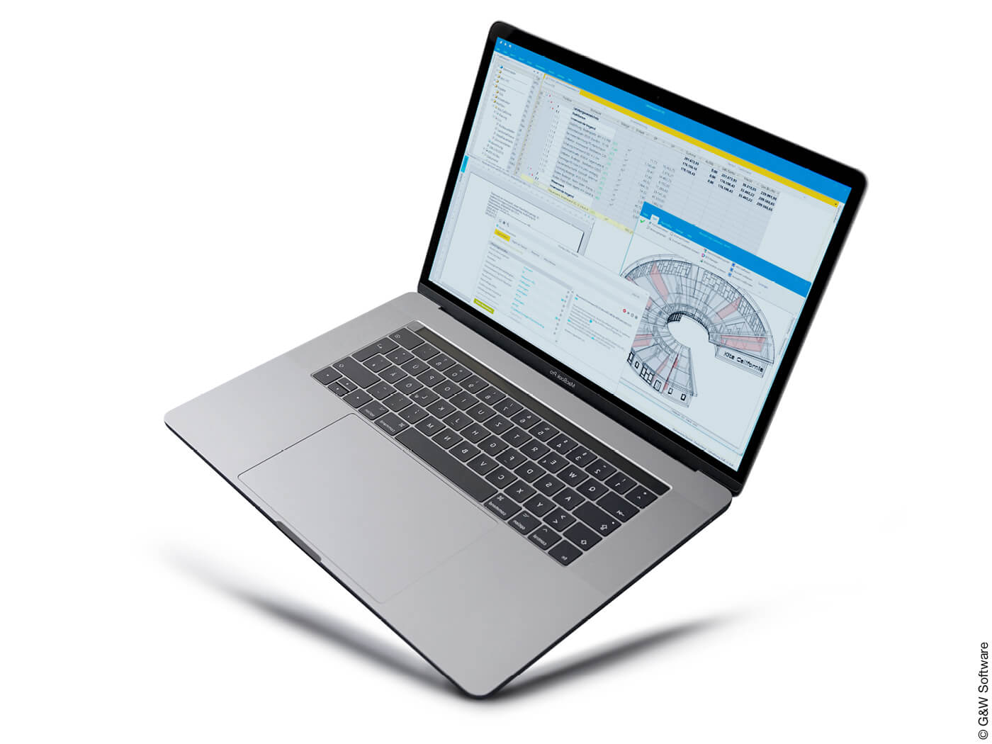 Laptop zeigt auf dem Desktop eine geöffnete Bausoftware an