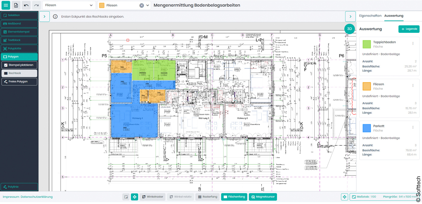 Screenshot der grafischen Mengenermittlung Grava Connect mit dem Grundriss eines Hauses.