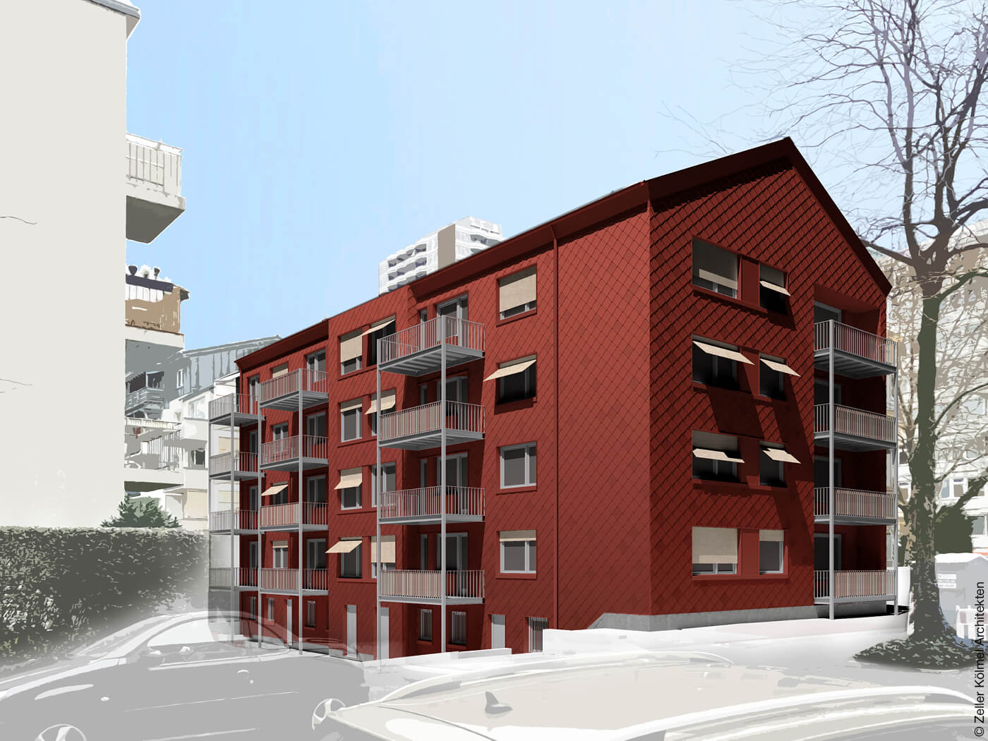 Rendering rotes Mehrfamilienhaus