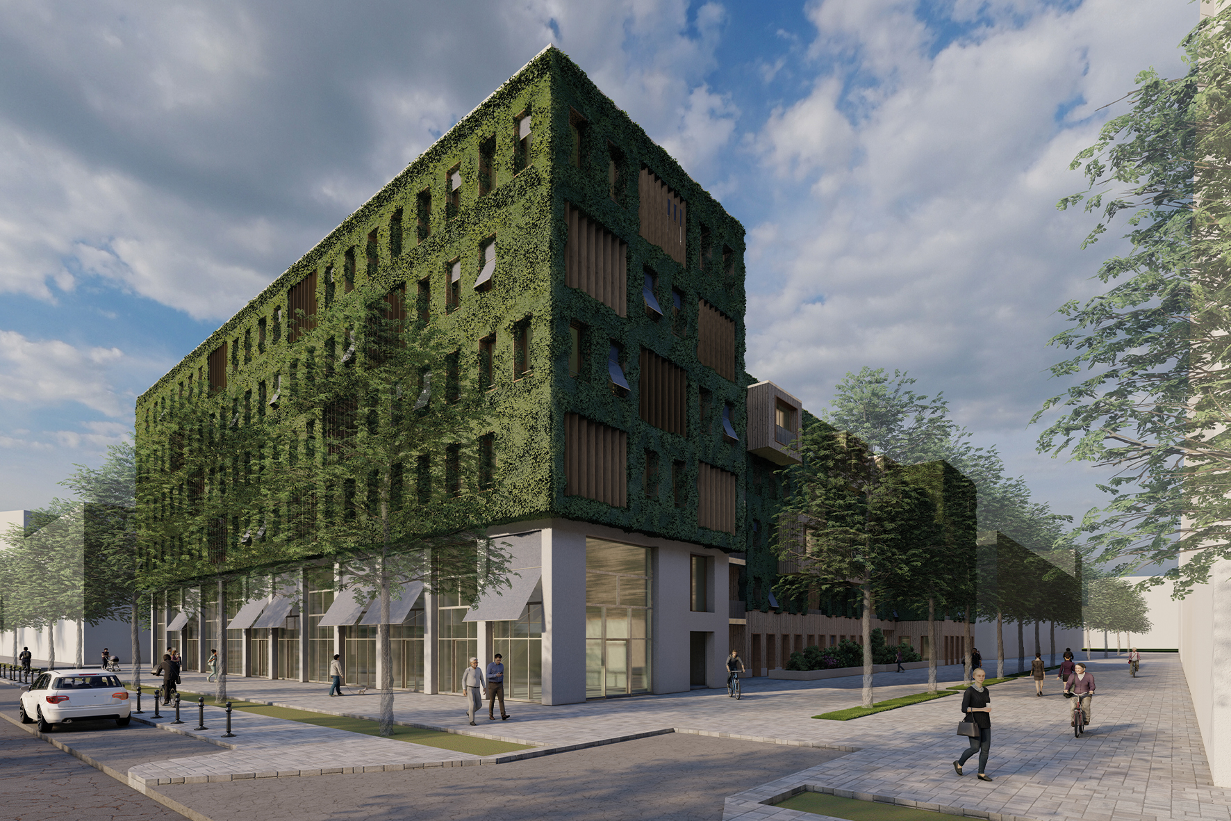 Rendering mehrgeschossiger Modulbau mit begrünter Fassade