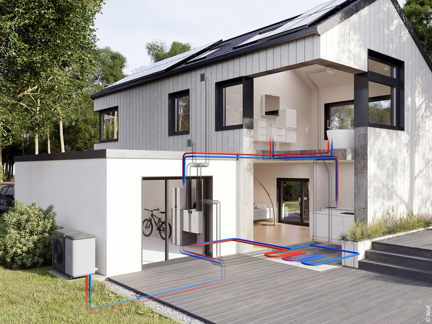 Grafik durchsichtiges Haus mit Wärmepumpe und Heizkreislauf