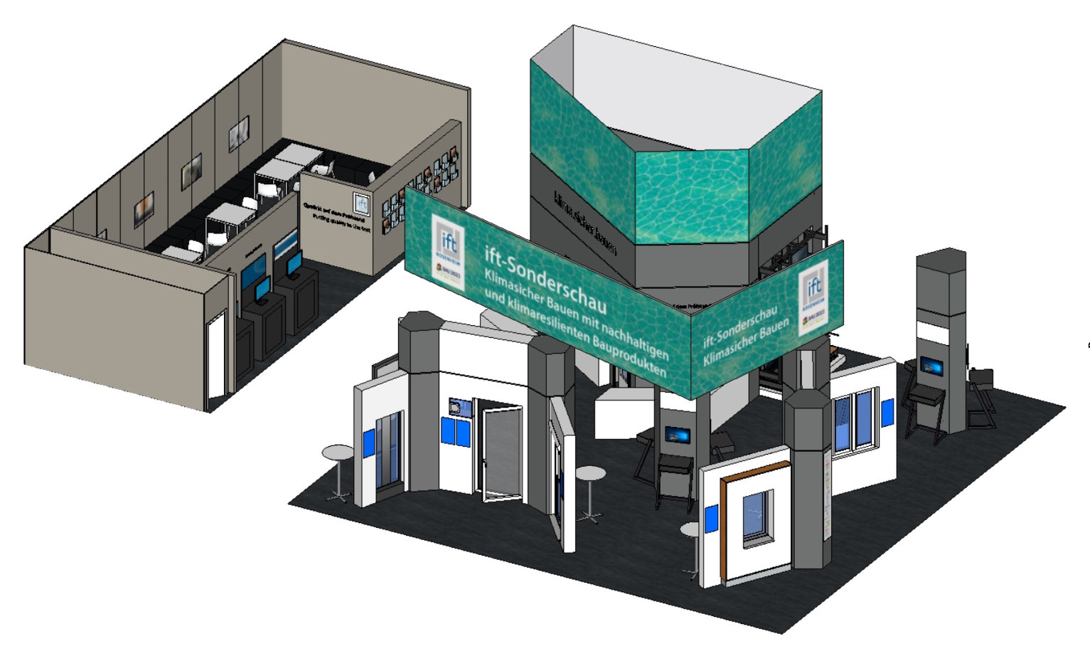 Grafische Darstellung eines Messestands mit Fenstern und Türen