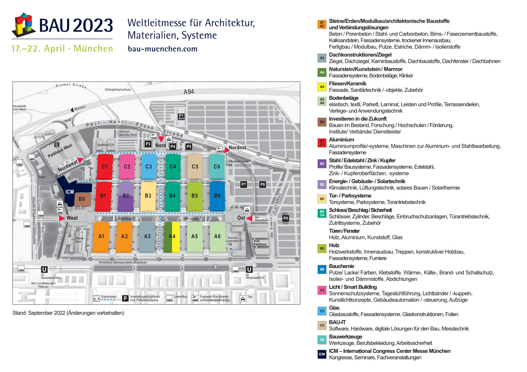 Farbiger Hallenplan der BAU 2023 mit Legende