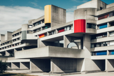 KI generiertes Gebäude im Stil Le Corbusiers mit Beton und Fraben