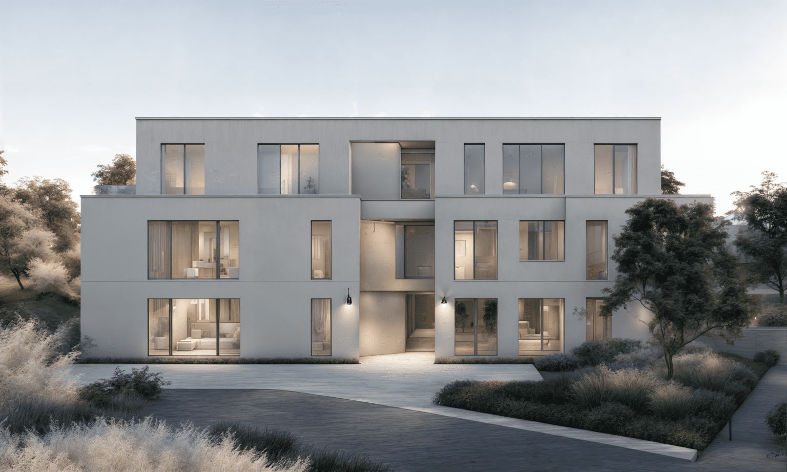 Wohnhaus mit grauer Fassade als Architektur Rendering mit KI