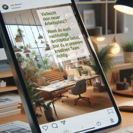 Screenshot einer Job-Anzeige mit einem Schreibtisch, viel Holz und vielen Grünpflanzen