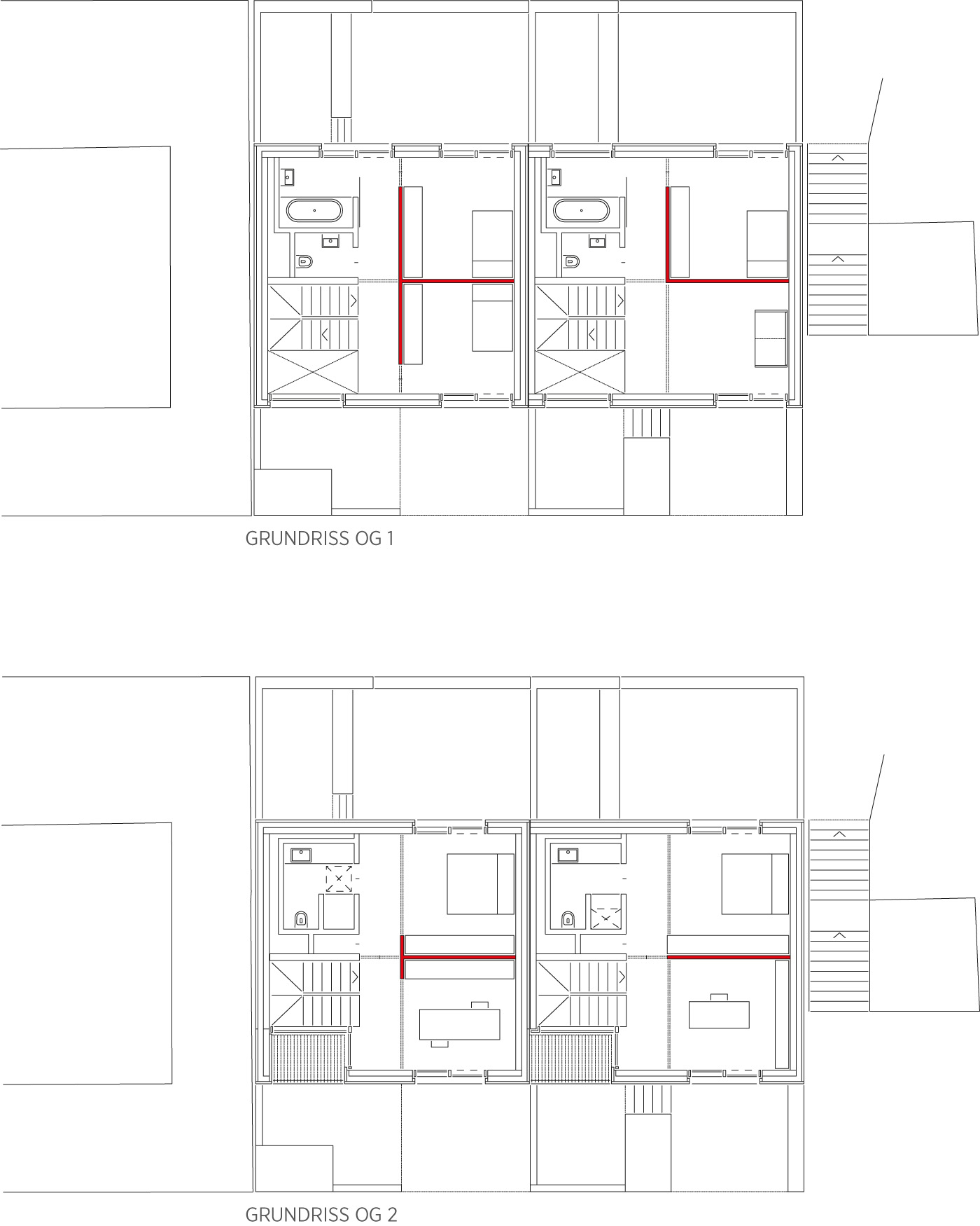 Grundriss einer Wohnung mit roten Zonierungsmarkierungen