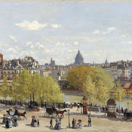 Gemälde von Claude Monet mit der Stadtsilhouette von Paris und dem Seine-Ufer mit menschen udn Kutschen