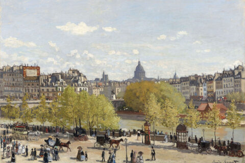 Gemälde von Claude Monet mit der Stadtsilhouette von Paris und dem Seine-Ufer mit menschen udn Kutschen