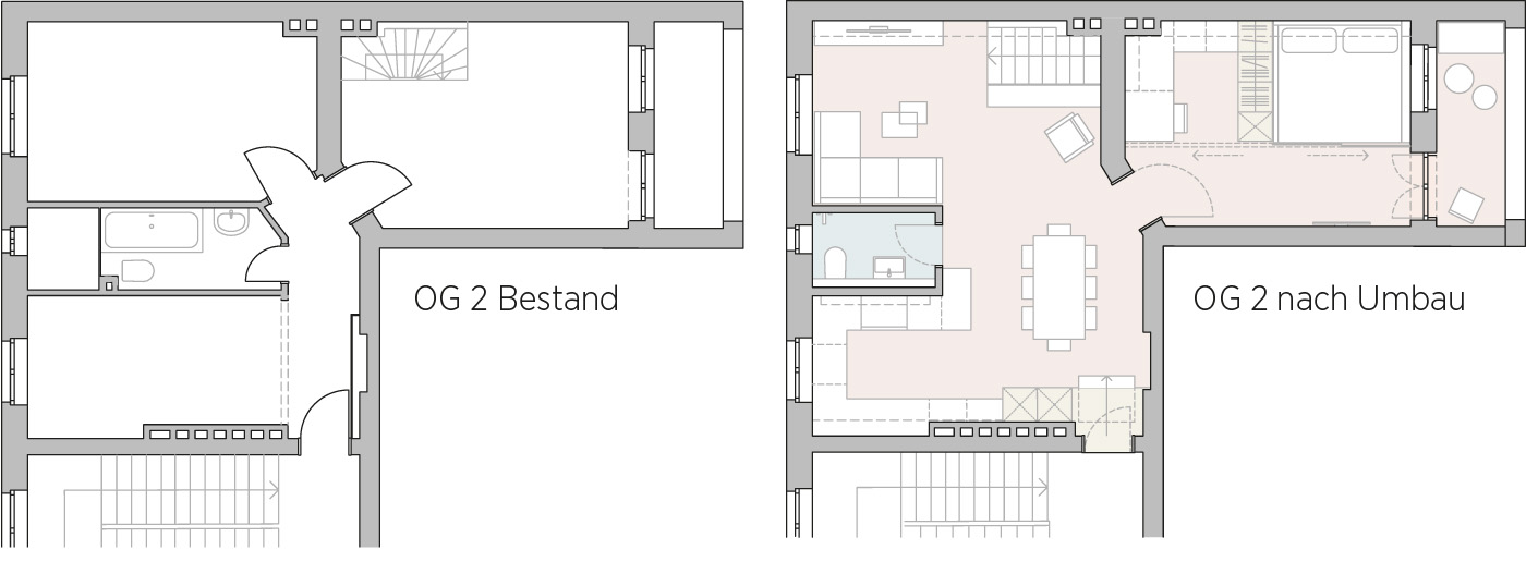 Grundriss einer Altbauwohnung, vor und nach einem Umbau