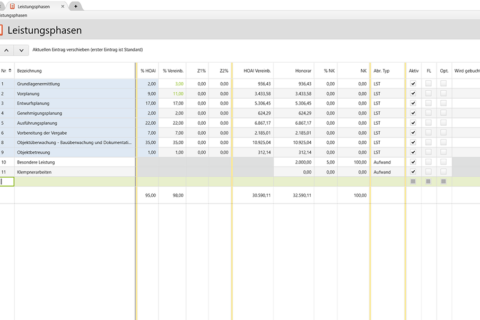Vertec_Kalkulierte Leistungsphasen mit verschiedenen Abrechnungstypen