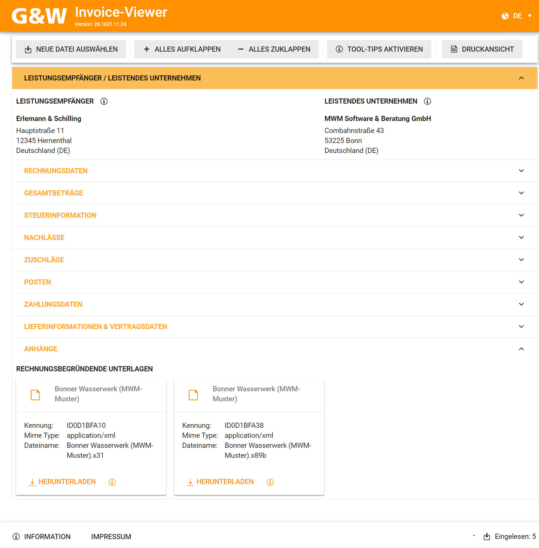 GW Software Ansicht einer E-Rechnung