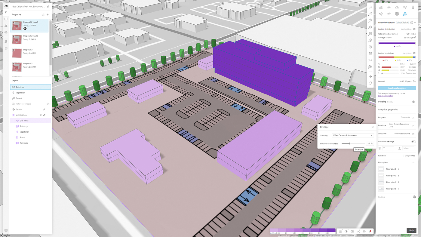 Screenshot aus Autodesk Forma mit Gebäude und Parkplatz